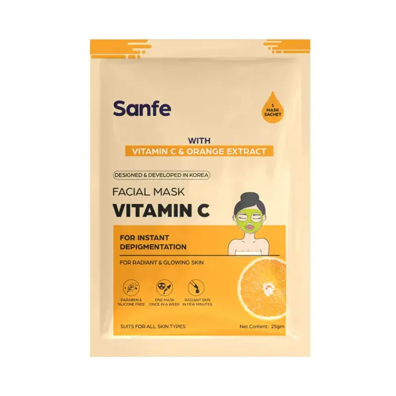 Sanfe Instant Depigmentation Vitamin C Face Mask | 100% fruit extracts, Korean Mask - 25 ml