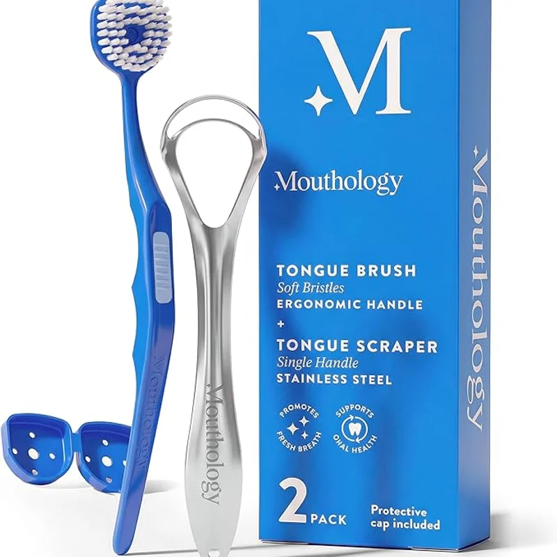 Mouthology Tongue Brush & Tongue Scraper (Combo Pack), Reduce Bad Breath & Improve Oral Hygiene, Tongue Scraper Brush for Adults Ergonomic Handle & Protective Cap, Tongue Cleaner